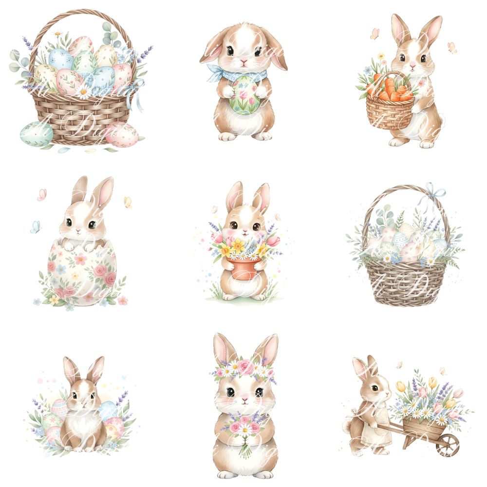 Easter Bunny Clipart Bundle – 106 PNG & 25 Seamless Patterns