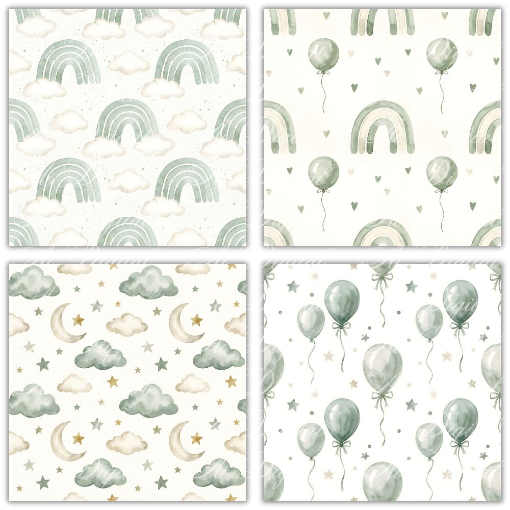 Sage Green Baby Teddy Bear Clipart Bundle – PNG & Seamless Patterns (54 PNG + 20 JPG, 300 DPI)