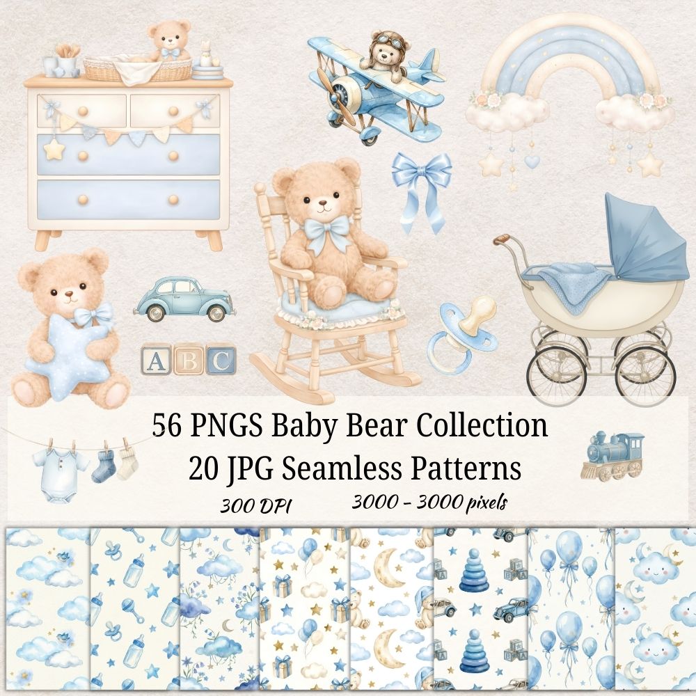 Blue Baby Bear Clipart Bundle 56 png + 20 seamless jpg patterns