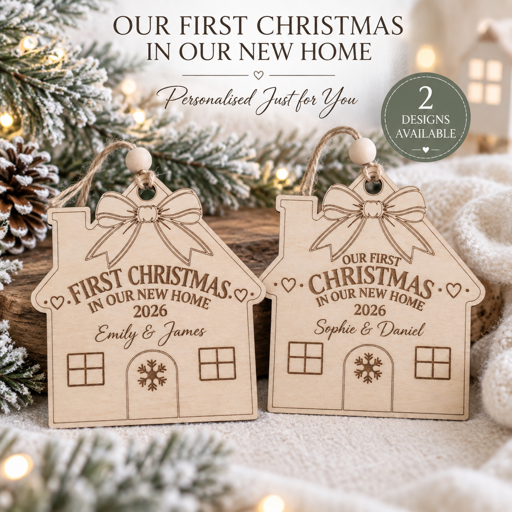Personalized First Christmas In Our New Home Ornament, Custom Family Name Wooden House Bauble, New Home Gift, Housewarming Keepsake
