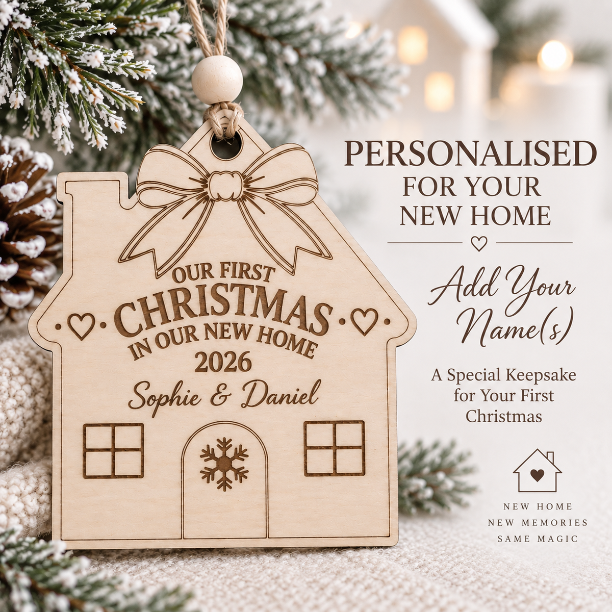 Personalized First Christmas In Our New Home Ornament, Custom Family Name Wooden House Bauble, New Home Gift, Housewarming Keepsake