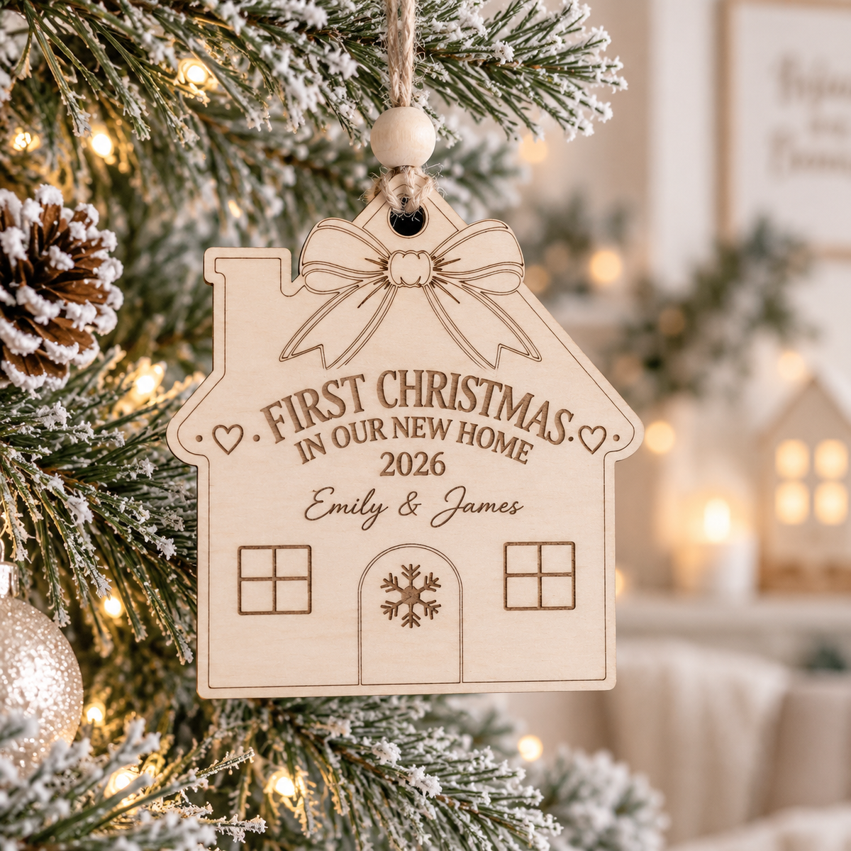 Personalized First Christmas In Our New Home Ornament, Custom Family Name Wooden House Bauble, New Home Gift, Housewarming Keepsake