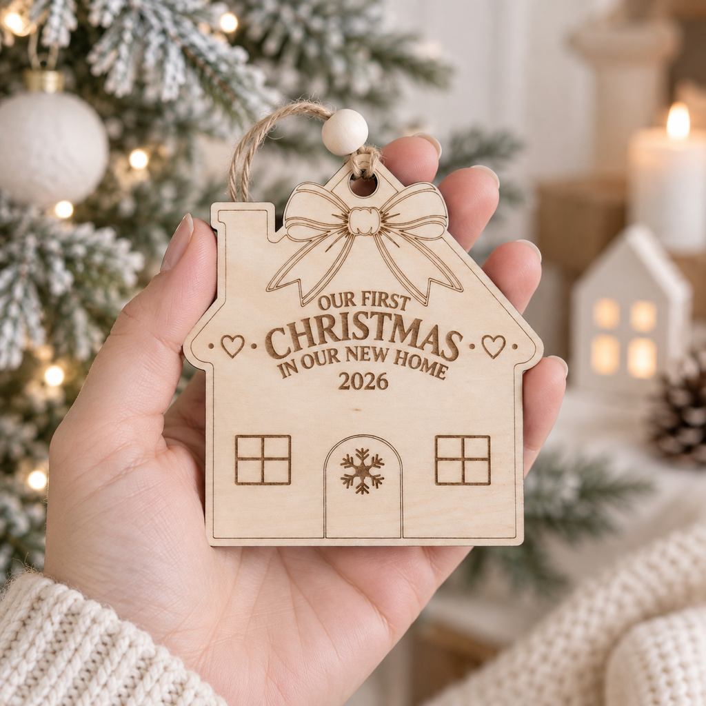 Personalized First Christmas In Our New Home Ornament, Custom Family Name Wooden House Bauble, New Home Gift, Housewarming Keepsake