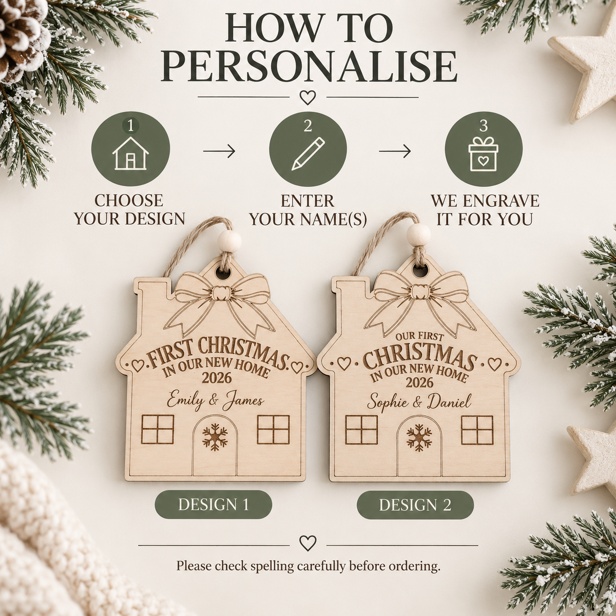 Personalized First Christmas In Our New Home Ornament, Custom Family Name Wooden House Bauble, New Home Gift, Housewarming Keepsake