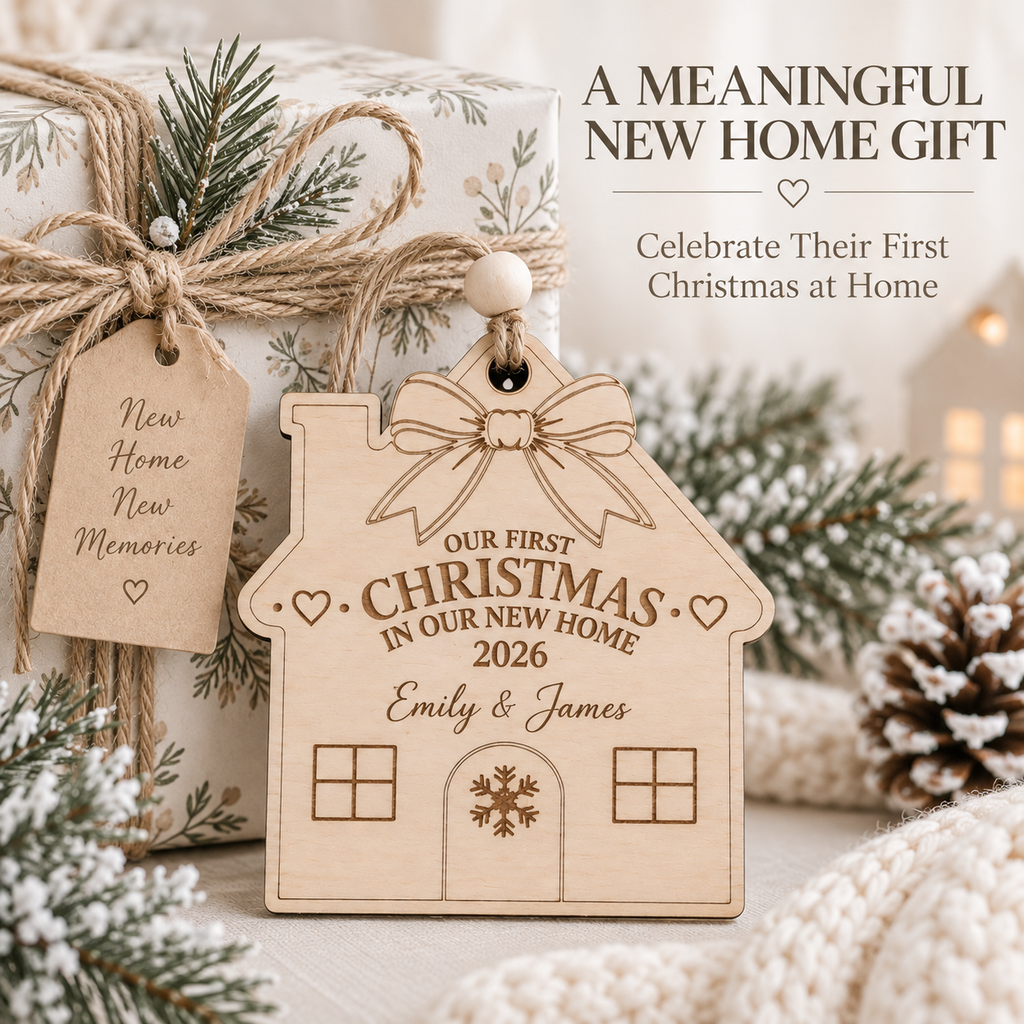 Personalized First Christmas In Our New Home Ornament, Custom Family Name Wooden House Bauble, New Home Gift, Housewarming Keepsake