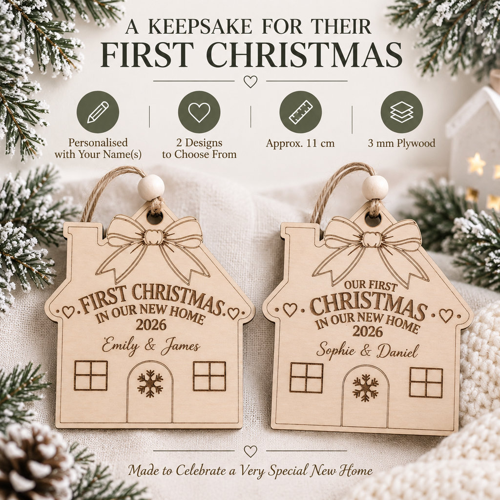 Personalized First Christmas In Our New Home Ornament, Custom Family Name Wooden House Bauble, New Home Gift, Housewarming Keepsake