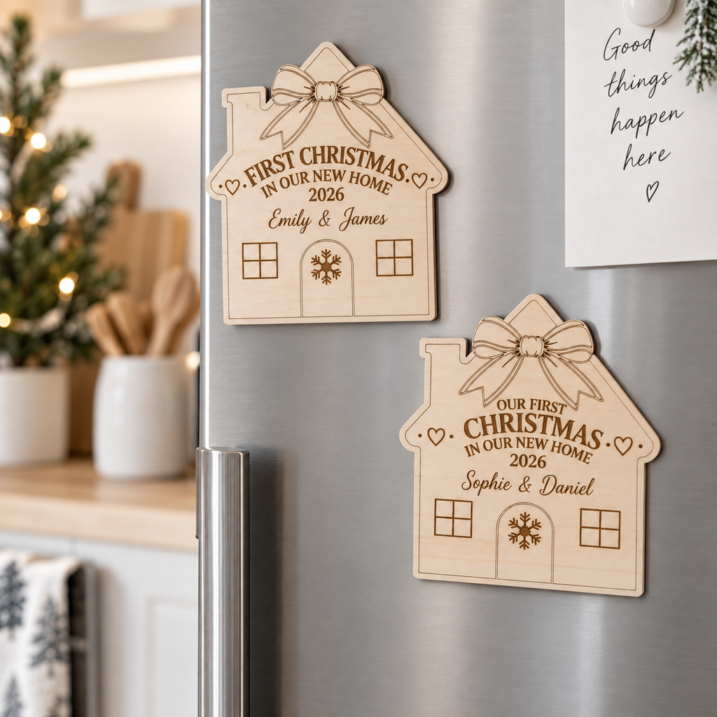 Personalized First Christmas In Our New Home Magnet, Custom Family Name Wooden House Fridge Magnet, New Home Gift, Housewarming Keepsake