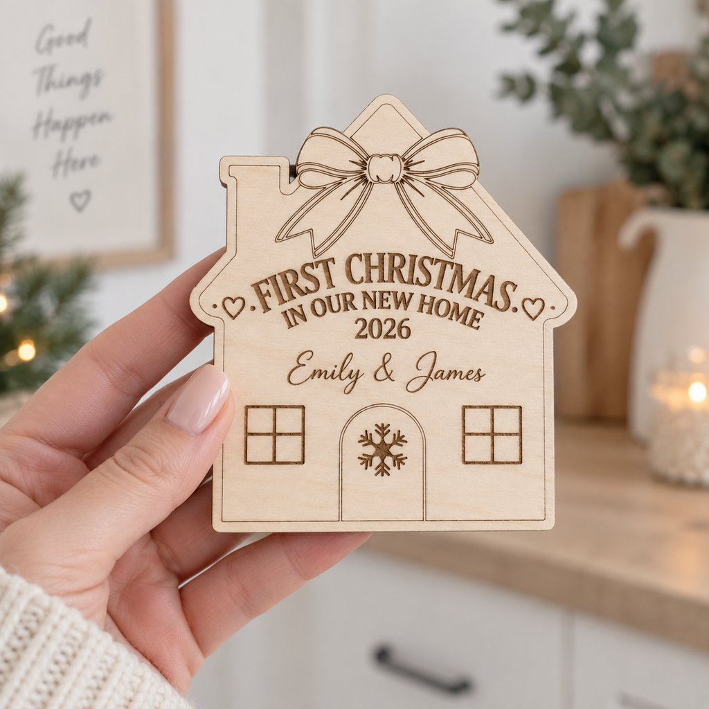 Personalized First Christmas In Our New Home Magnet, Custom Family Name Wooden House Fridge Magnet, New Home Gift, Housewarming Keepsake