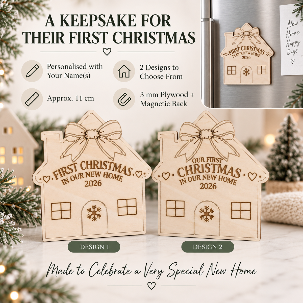 Personalized First Christmas In Our New Home Magnet, Custom Family Name Wooden House Fridge Magnet, New Home Gift, Housewarming Keepsake