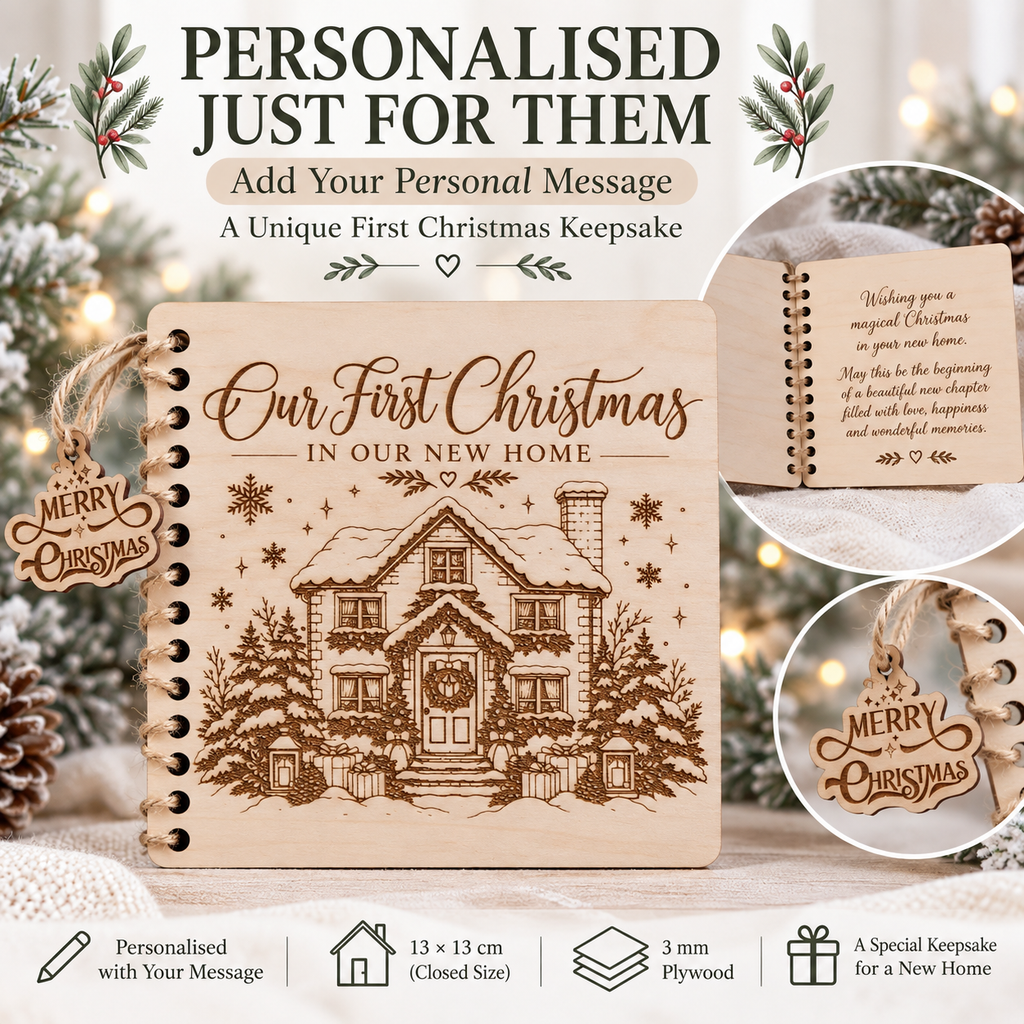 Wooden Christmas card open to show engraved personal message inside, 13 x 13 cm, 3 mm plywood, with Merry Christmas wooden tag