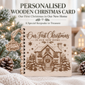 Personalised wooden Christmas card engraved Our First Christmas in Our New Home with a festive house design, spiral bound keepsake