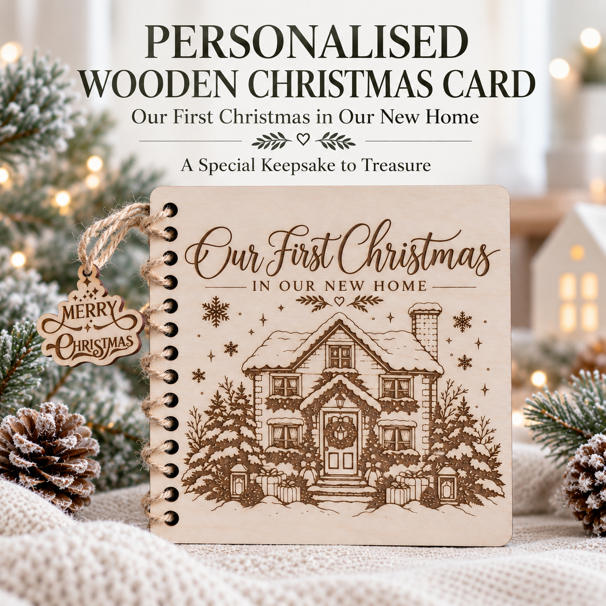 Personalised wooden Christmas card engraved Our First Christmas in Our New Home with a festive house design, spiral bound keepsake
