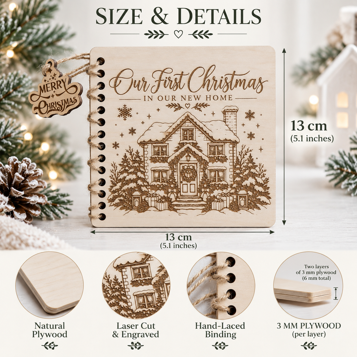 Size guide for the wooden Christmas card: 13 x 13 cm (5.1 inches), natural plywood, laser cut and engraved, hand-laced binding, 3 mm plywood layers