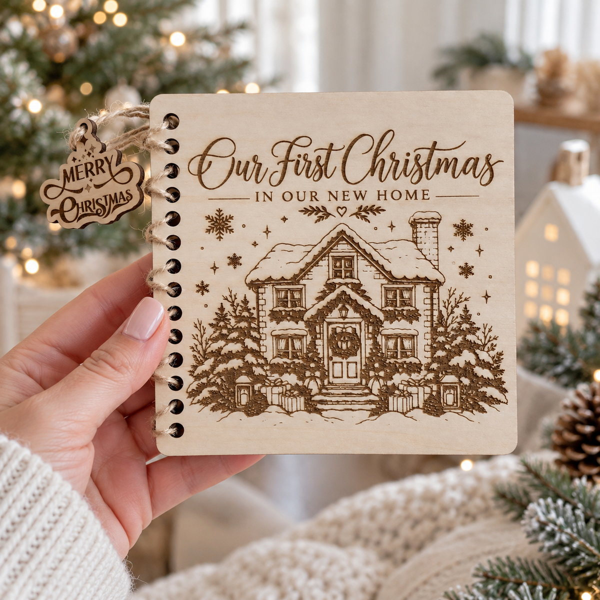 Hand holding the 13 cm engraved wooden Christmas card in front of a Christmas tree, showing its real size