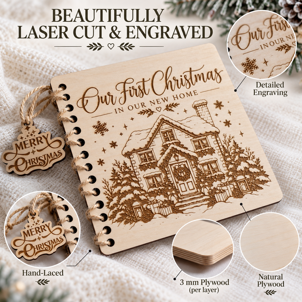 Close-up details of the laser cut and engraved wooden Christmas card: detailed engraving, hand-laced Merry Christmas tag, 3 mm natural plywood
