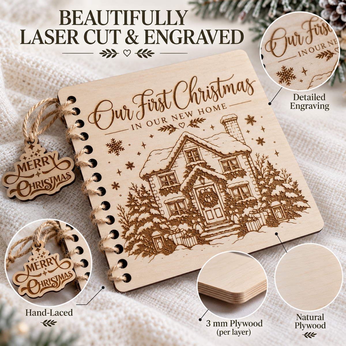 Close-up details of the laser cut and engraved wooden Christmas card: detailed engraving, hand-laced Merry Christmas tag, 3 mm natural plywood