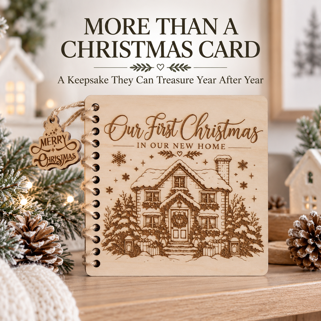 Wooden Our First Christmas in Our New Home card standing on a shelf with pine cones and Christmas decor, a keepsake to display every year