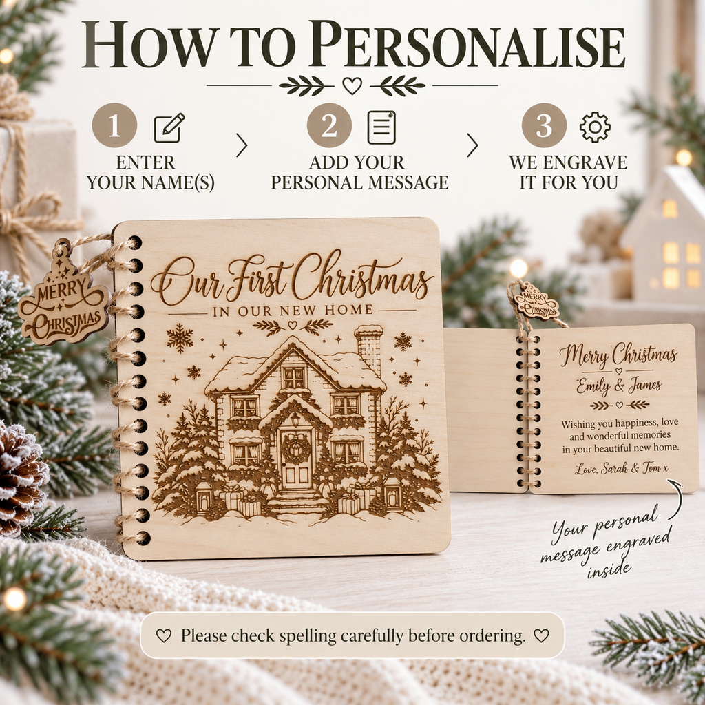 How to personalise the wooden Christmas card: enter names, add your personal message, and we engrave it inside for you