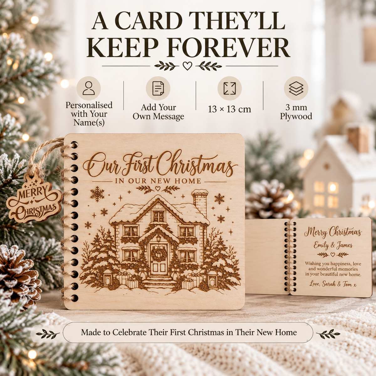 Engraved wooden Christmas keepsake card for a couple's first Christmas in their new home, personalised with names and message