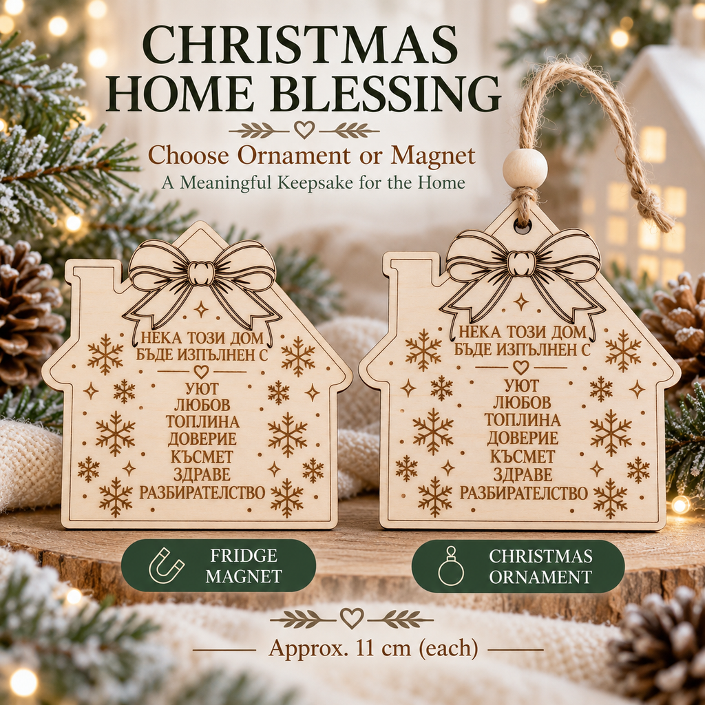 Christmas home blessing in Bulgarian, wooden house shaped fridge magnet and Christmas ornament, laser engraved, approx. 11 cm each