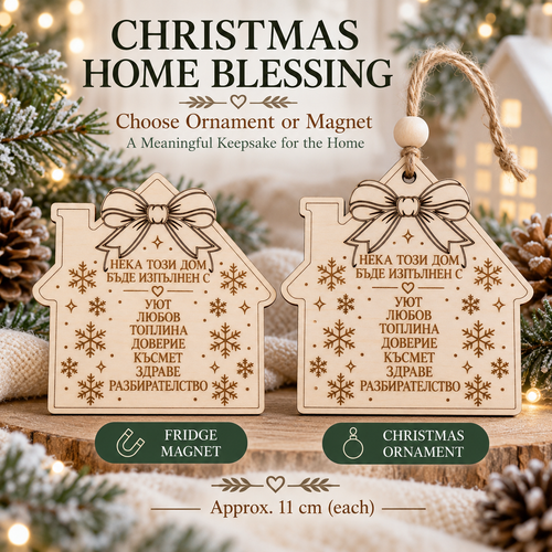 Christmas home blessing in Bulgarian, wooden house shaped fridge magnet and Christmas ornament, laser engraved, approx. 11 cm each