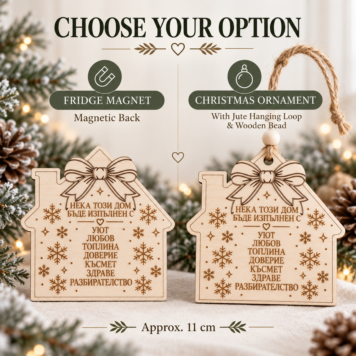 Choose your option: wooden house fridge magnet with magnetic back or Christmas ornament with jute hanging loop and wooden bead, approx. 11 cm