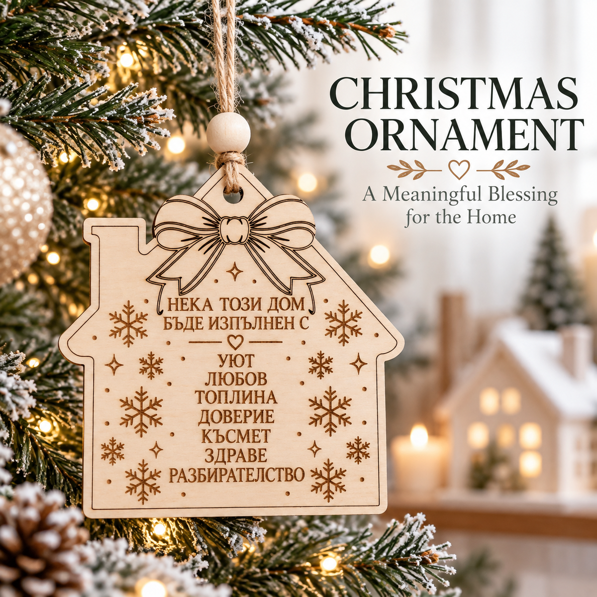 Wooden house Christmas ornament with Bulgarian home blessing hanging on a Christmas tree with jute loop and wooden bead