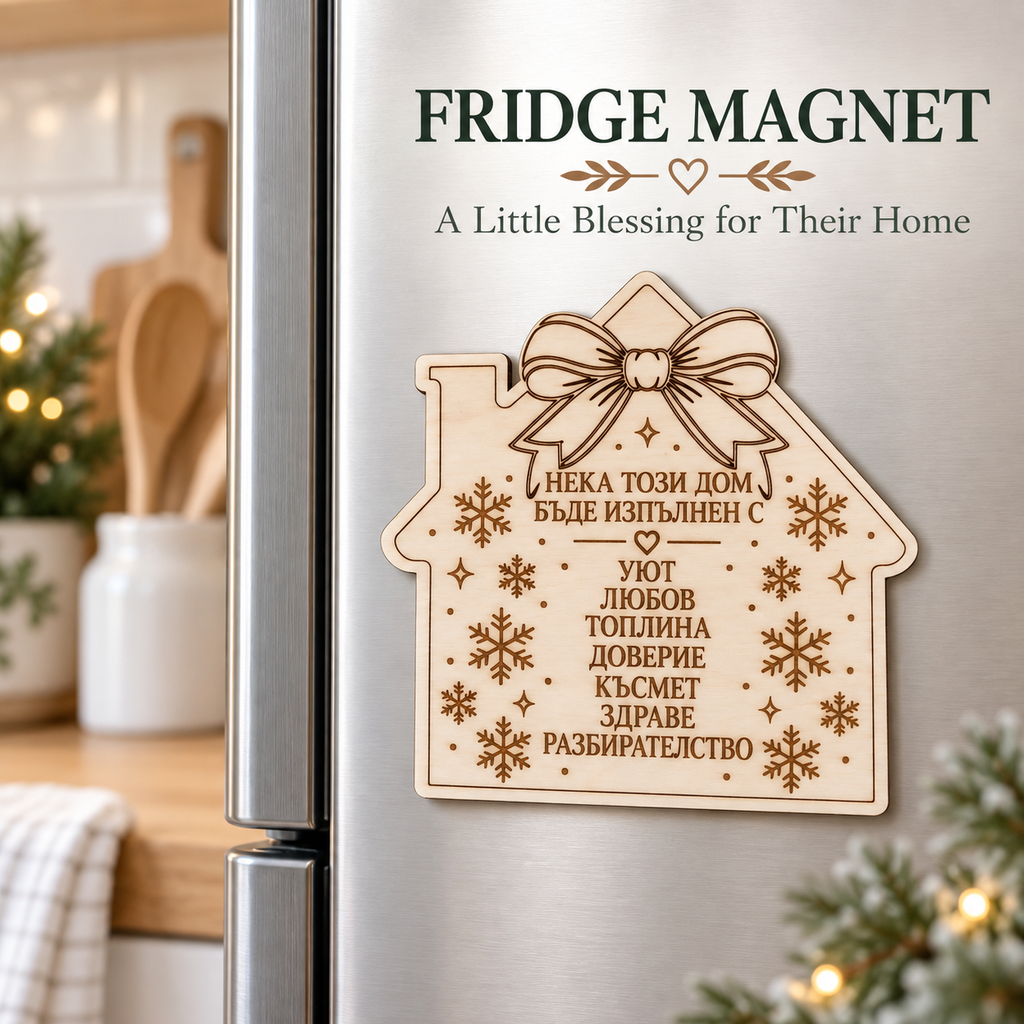 Wooden house fridge magnet with Bulgarian home blessing on a kitchen fridge, a little Christmas blessing for the home