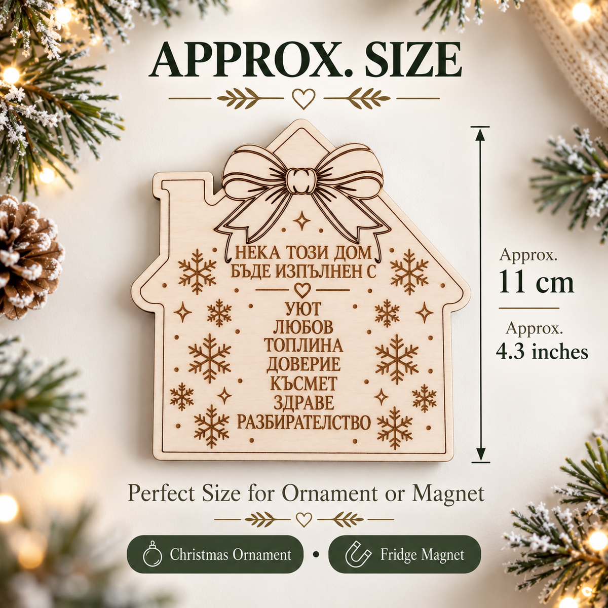 Size guide: wooden house ornament or fridge magnet approx. 11 cm (4.3 inches) with engraved home blessing and snowflakes