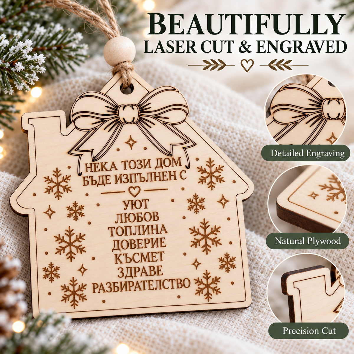 Close-up of the laser cut and engraved wooden house ornament: detailed engraving, natural plywood and precision cut edges