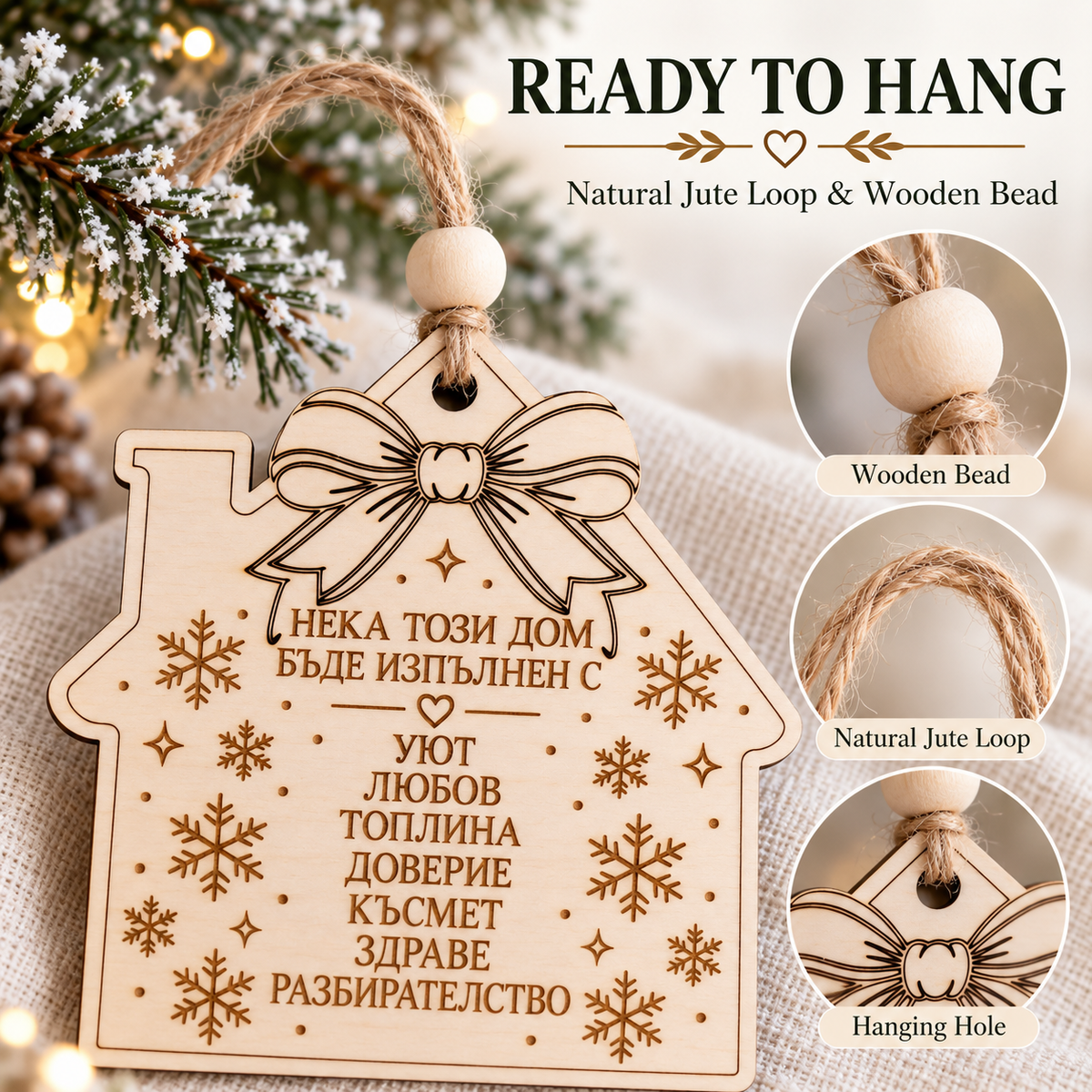 Ready to hang wooden house Christmas ornament with natural jute loop, wooden bead and hanging hole, close-up details