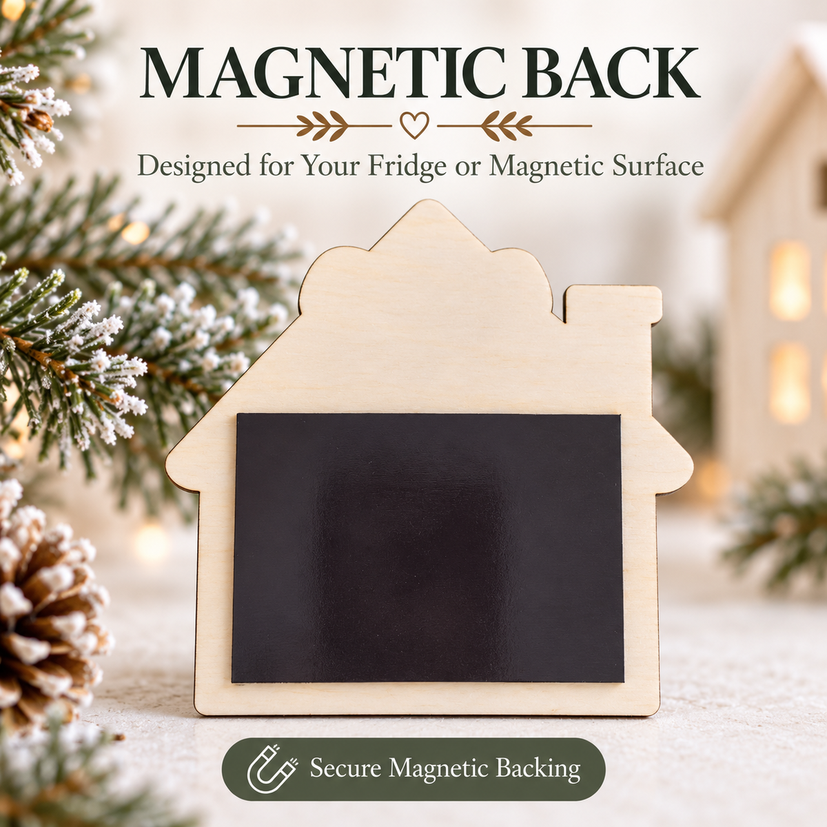 Back of the wooden house fridge magnet showing secure magnetic backing for fridge or any magnetic surface
