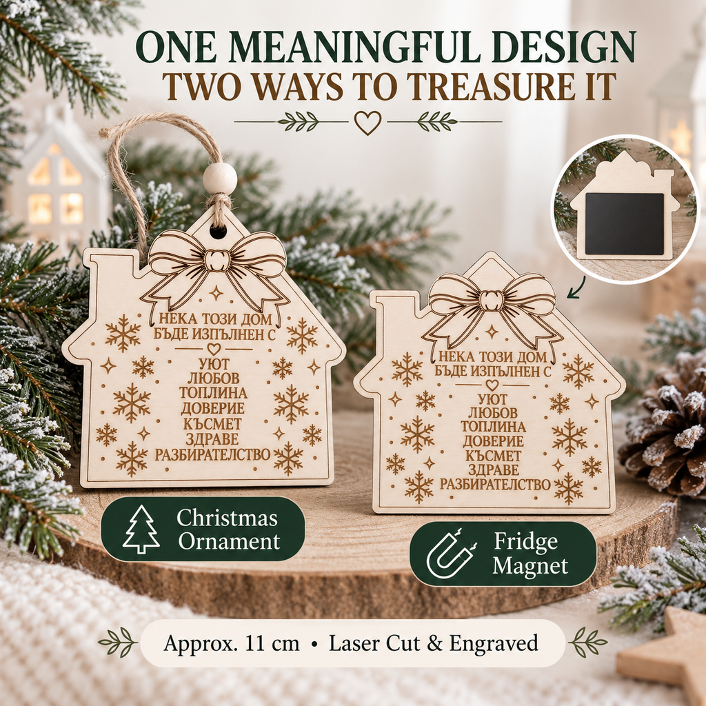 One design two ways: laser cut and engraved wooden house as a hanging Christmas ornament or a fridge magnet, approx. 11 cm