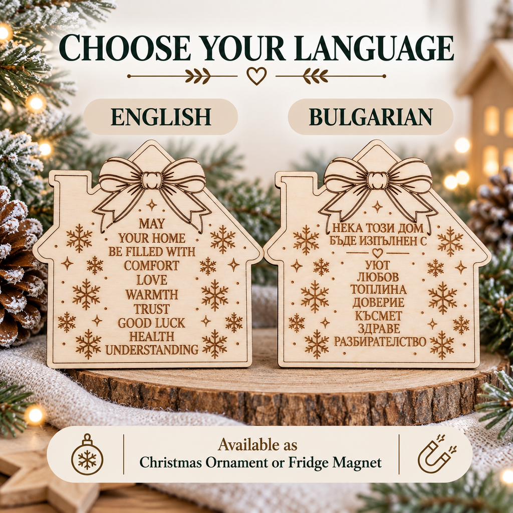 Choose your language: English or Bulgarian home blessing engraved on a wooden house, available as Christmas ornament or fridge magnet