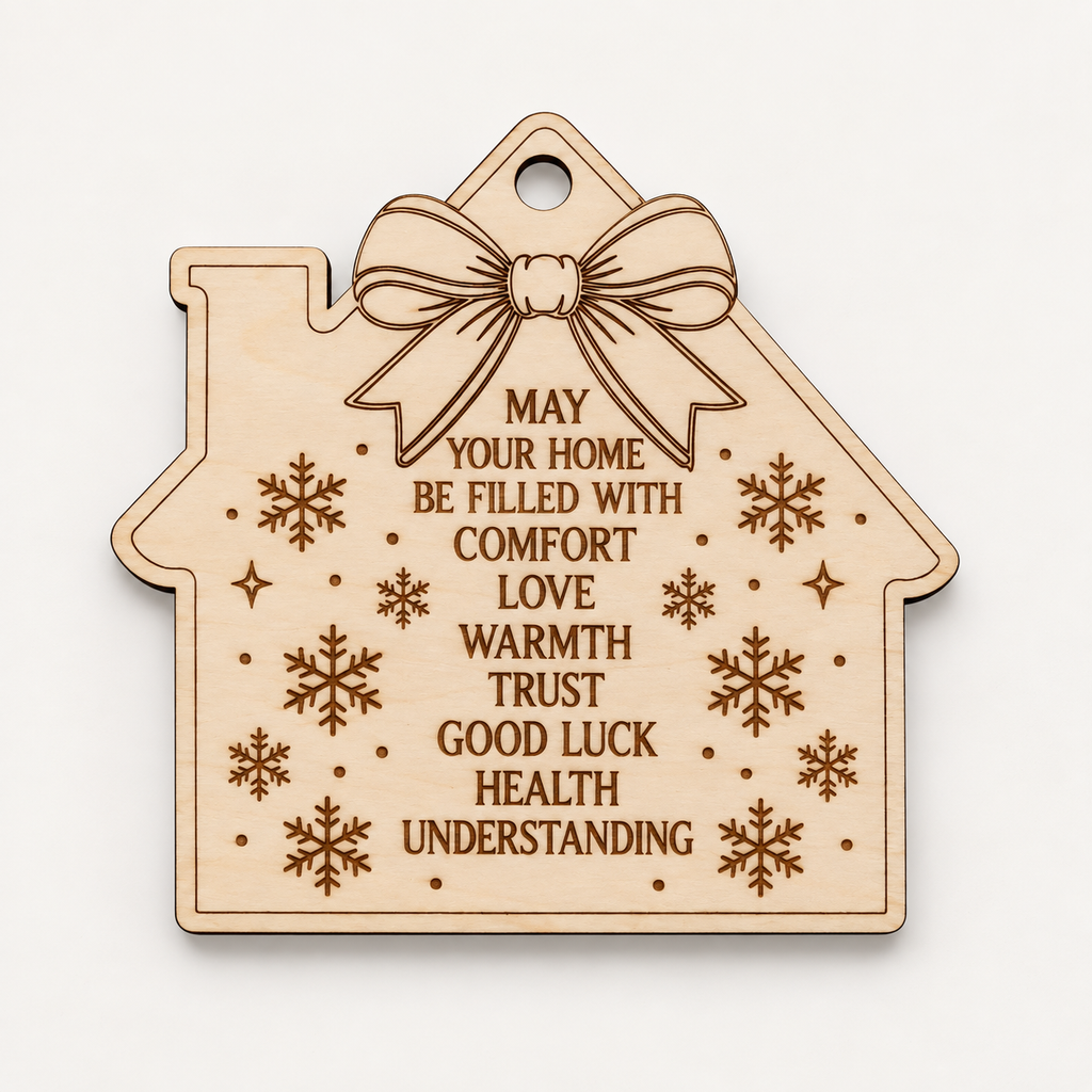 English design ornament: May your home be filled with comfort, love, warmth, trust, good luck, health and understanding, engraved wooden house