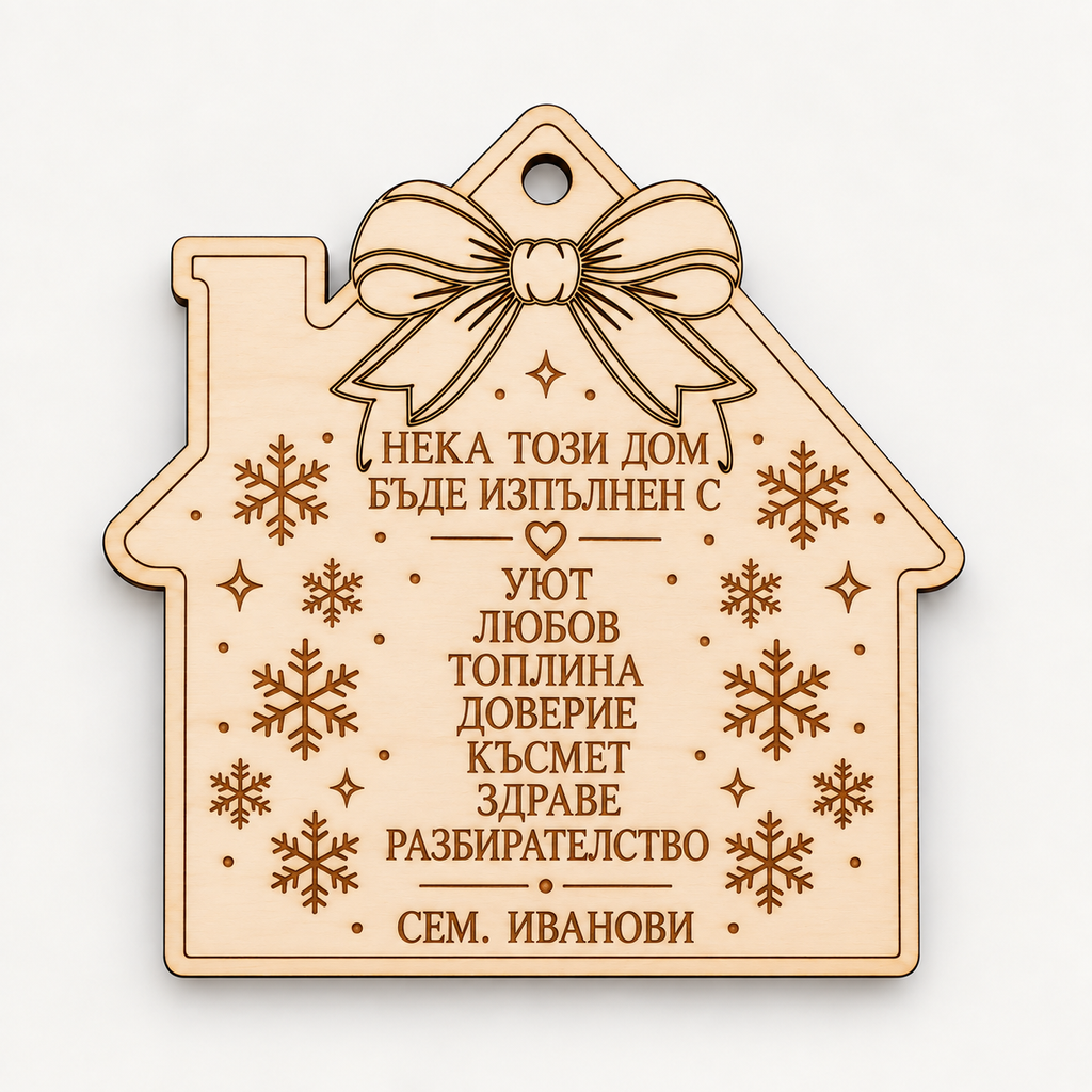 Personalised Bulgarian design Christmas ornament engraved with family name, wooden house with bow and snowflakes