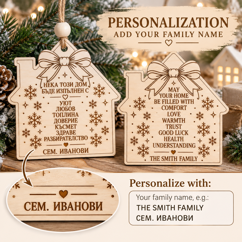 Personalised wooden house Christmas ornament with family name, available in Bulgarian or English home blessing, e.g. The Smith Family