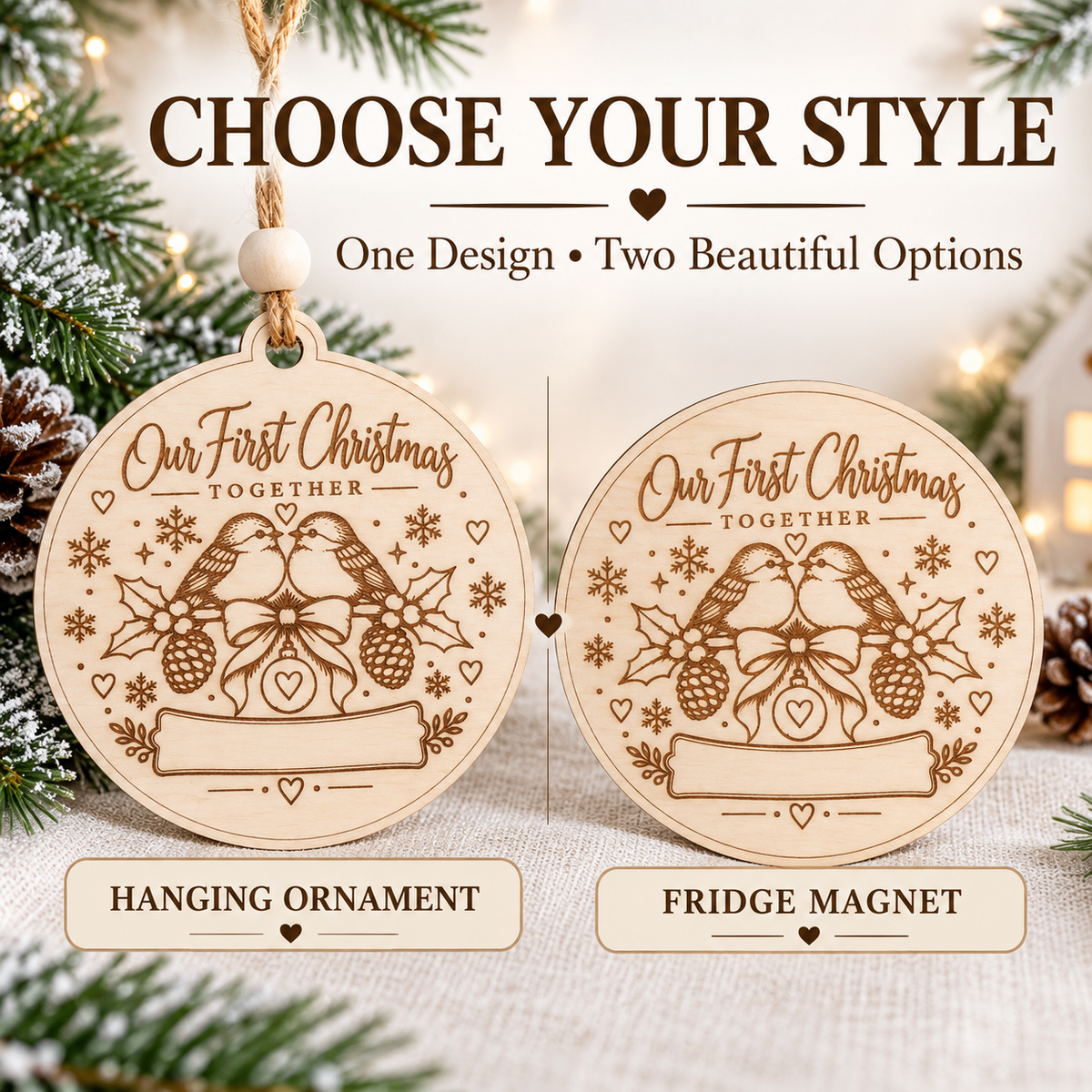 Personalized Our First Christmas Together Ornament or Fridge Magnet, Custom Couple Names Wooden Keepsake, Laser Engraved Christmas Gift