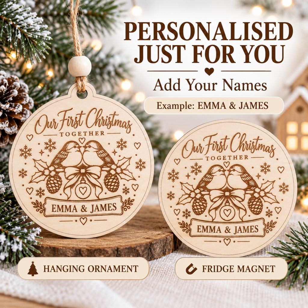 Personalized Our First Christmas Together Ornament or Fridge Magnet, Custom Couple Names Wooden Keepsake, Laser Engraved Christmas Gift