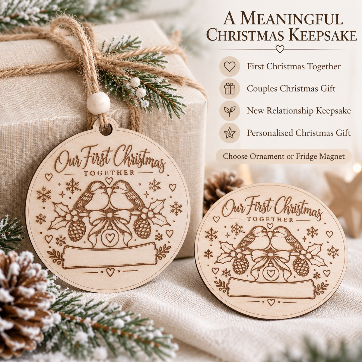 Personalized Our First Christmas Together Ornament or Fridge Magnet, Custom Couple Names Wooden Keepsake, Laser Engraved Christmas Gift