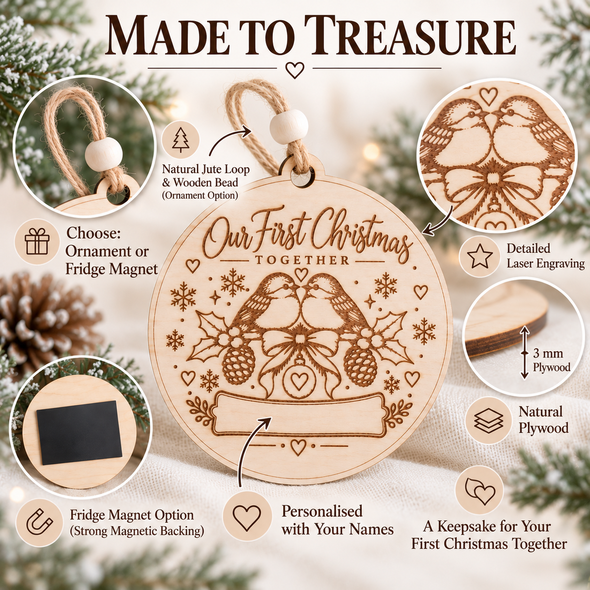 Personalized Our First Christmas Together Ornament or Fridge Magnet, Custom Couple Names Wooden Keepsake, Laser Engraved Christmas Gift