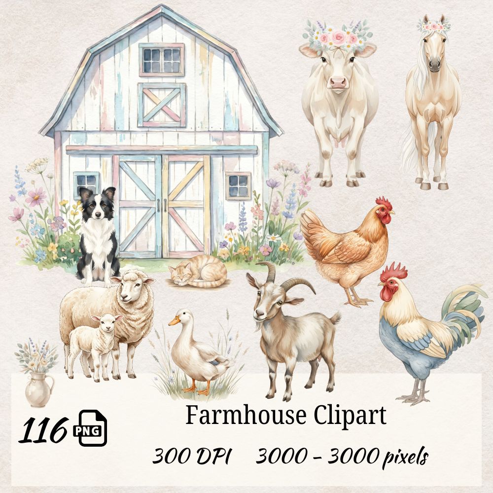 Farmhouse Clipart Bundle – 116 Watercolor PNG