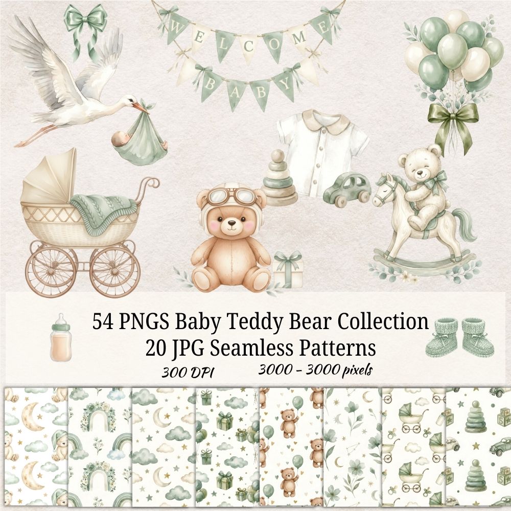 Sage Green Baby Teddy Bear Clipart Bundle – PNG & Seamless Patterns (54 PNG + 20 JPG, 300 DPI)