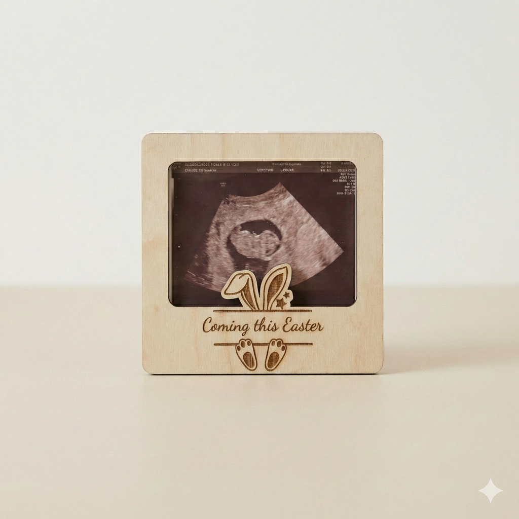 Easter Pregnancy Announcement Ultrasound Frame – Wooden Magnet or Stand, “Coming this Easter”