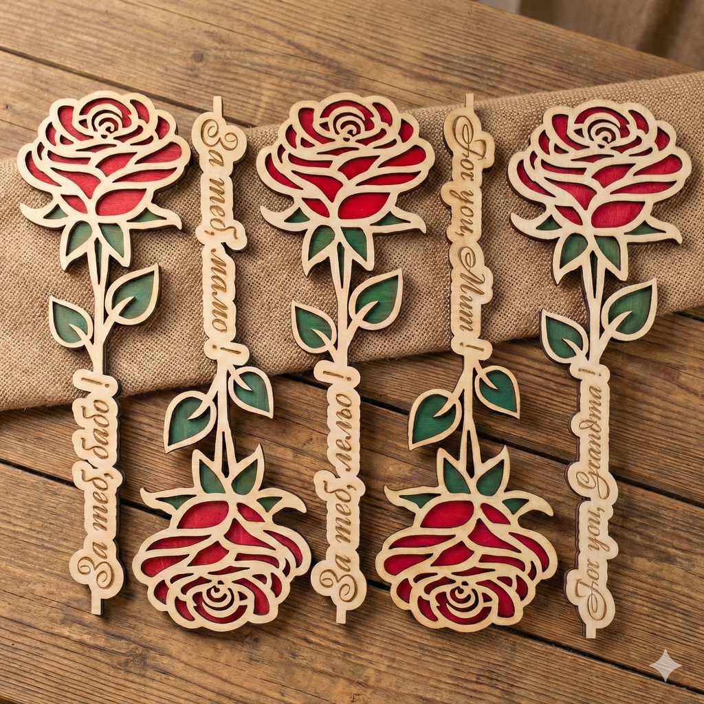 Personalised Wooden Rose Decoration – Hand Painted Laser Cut Rose, 22cm Gift for Mum, Grandma or Teacher