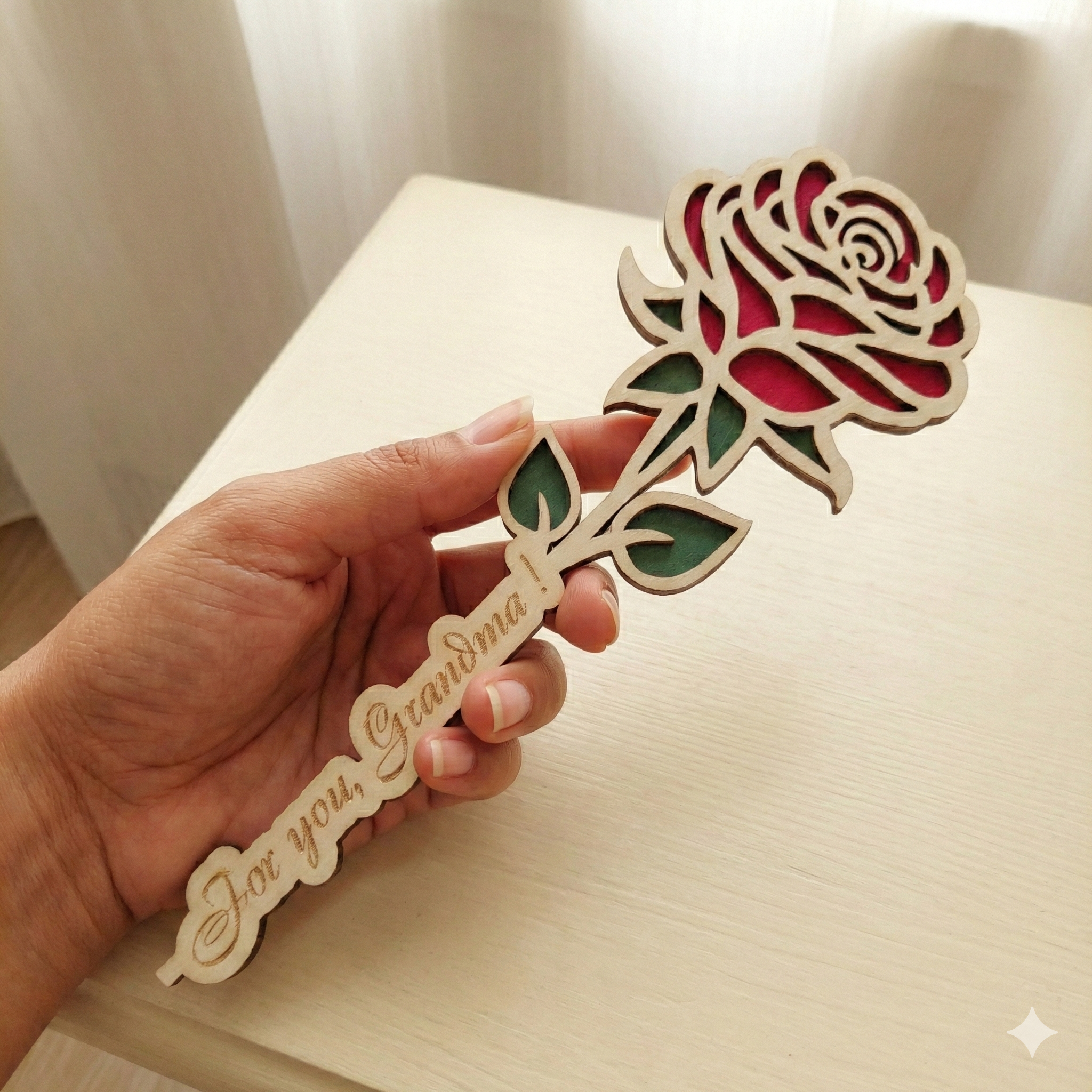Personalised Wooden Rose Decoration – Hand Painted Laser Cut Rose, 22cm Gift for Mum, Grandma or Teacher