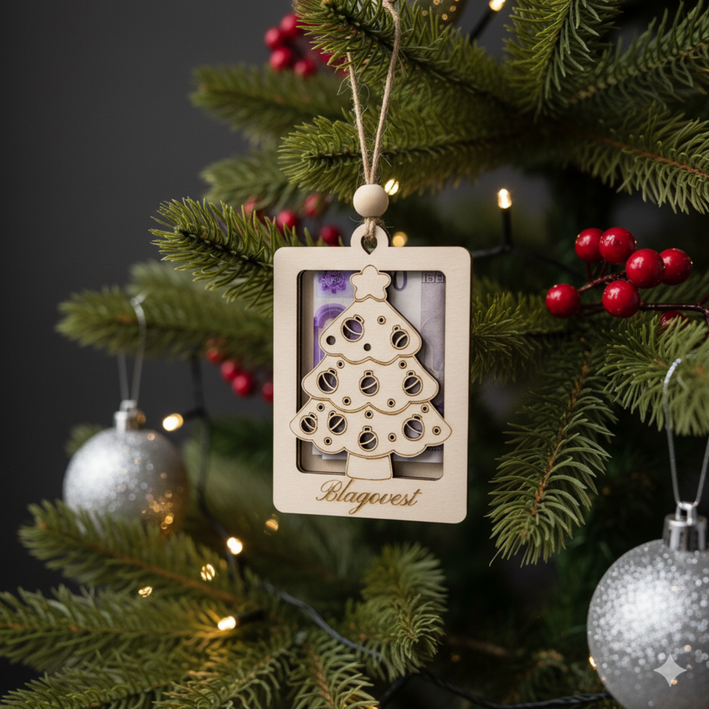 Custom money gift holder hanging on Christmas tree