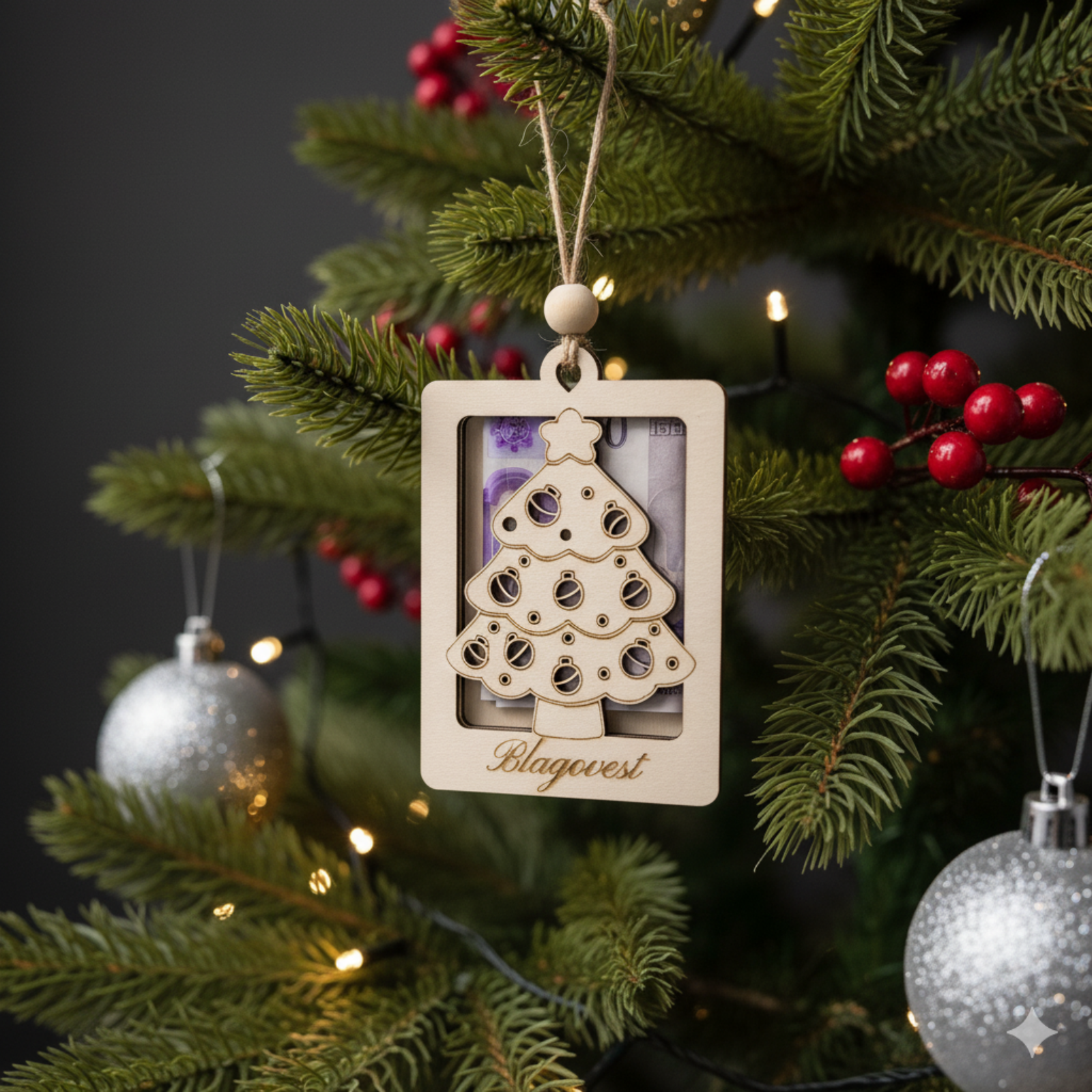 Custom money gift holder hanging on Christmas tree