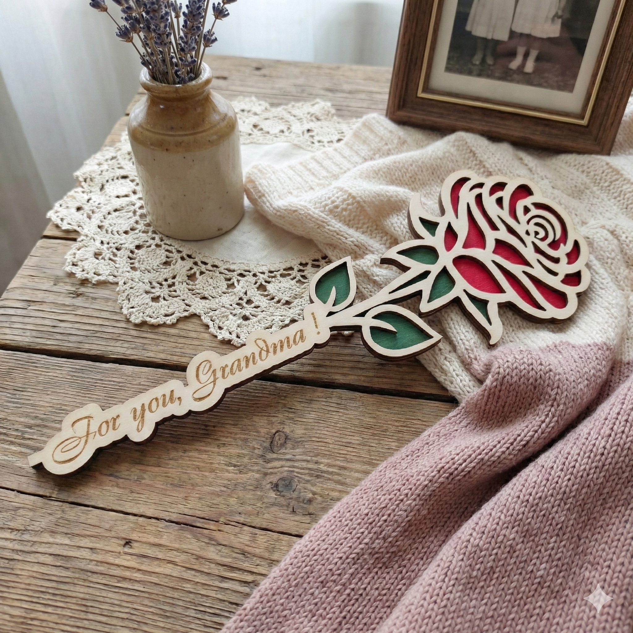 Personalised Wooden Rose Decoration – Hand Painted Laser Cut Rose, 22cm Gift for Mum, Grandma or Teacher