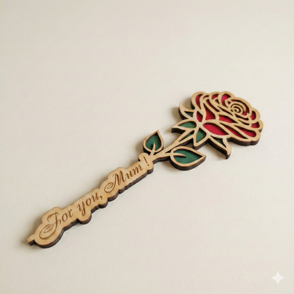 Personalised Wooden Rose Decoration – Hand Painted Laser Cut Rose, 22cm Gift for Mum, Grandma or Teacher